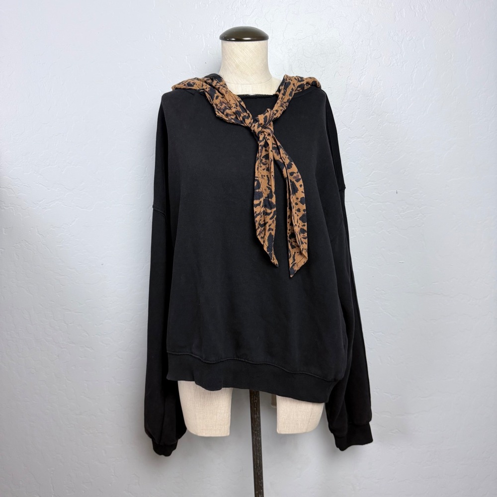 Free People Womens XL Black Leopard Print Hood Tie Neck Oversized Sweatshirt